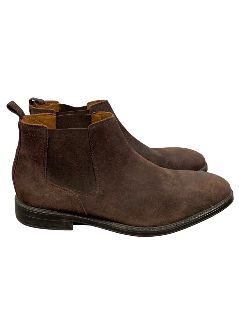 Clarks Brown Suede Chelsea Boots Size Men’s 10 Elastic Side Panels & Pull Tabs